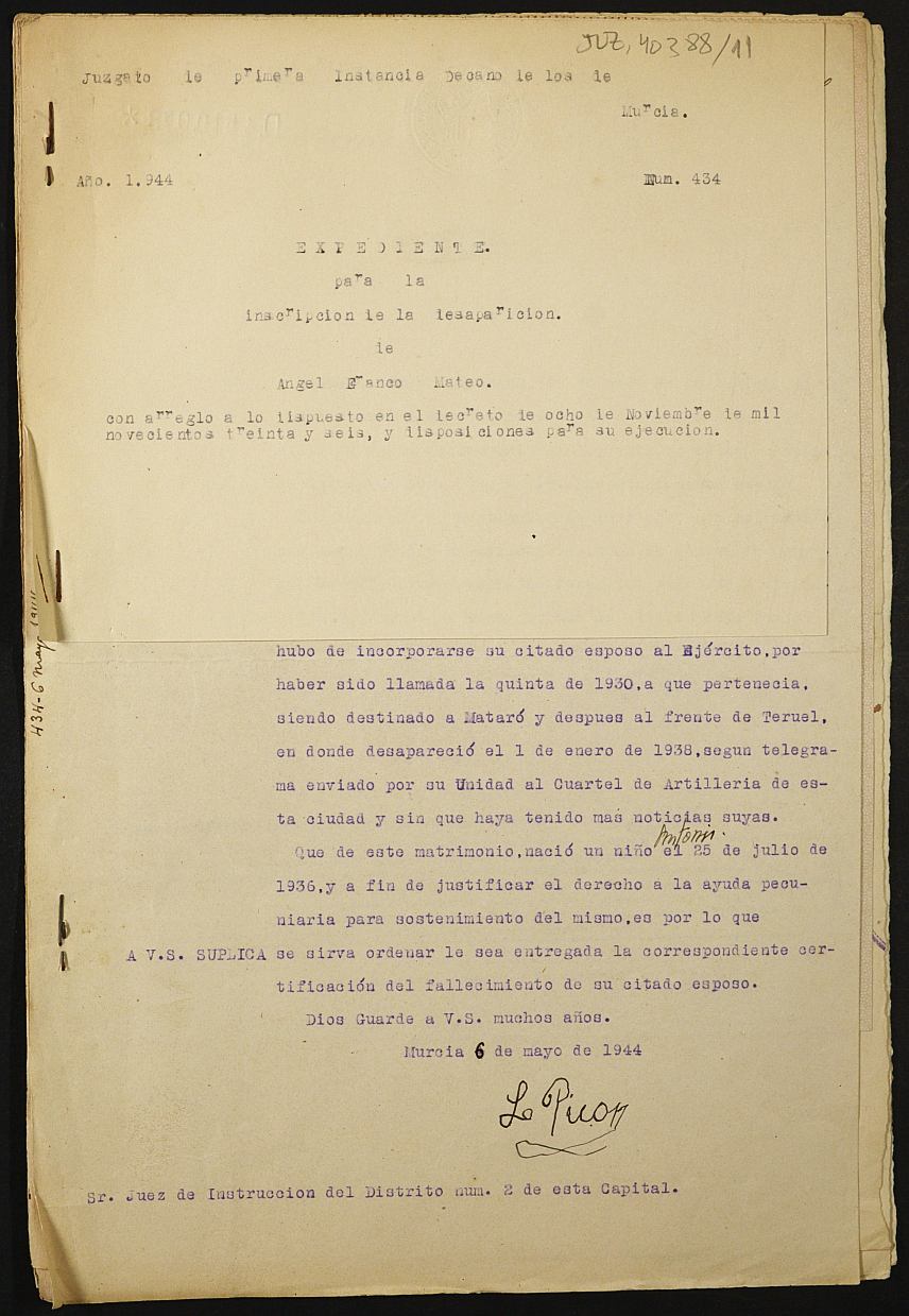 Expediente 434/1944 del Juzgado de Primera Instancia de Murcia para la inscripción en el Registro Civil por la desaparición en el frente de Ángel Franco Mateo.